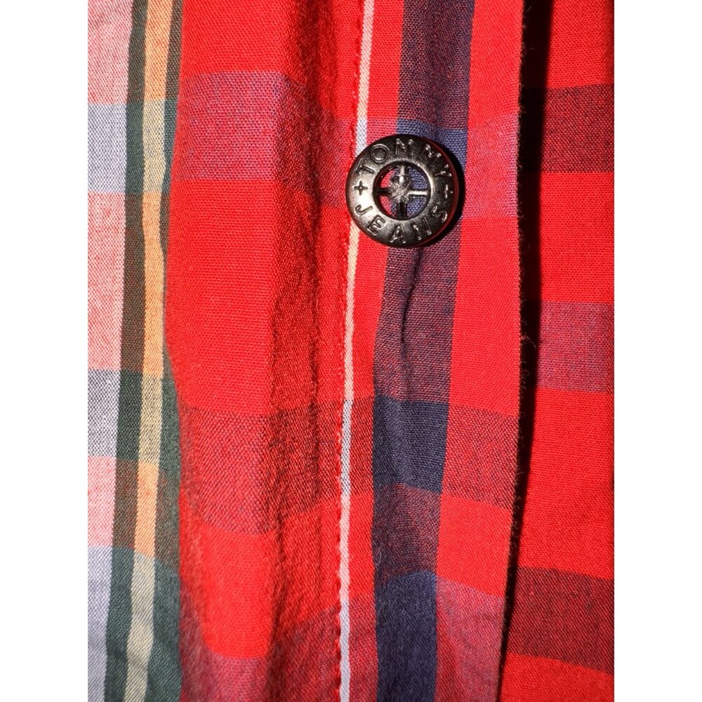 Tommy Hilfiger Jeans Red & Navy Plaid Long Sleeve Button-Up Shirt L color block - Picture 4 of 8